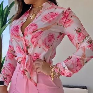 Women’s Floral Button-Front Long-Sleeve Blouse